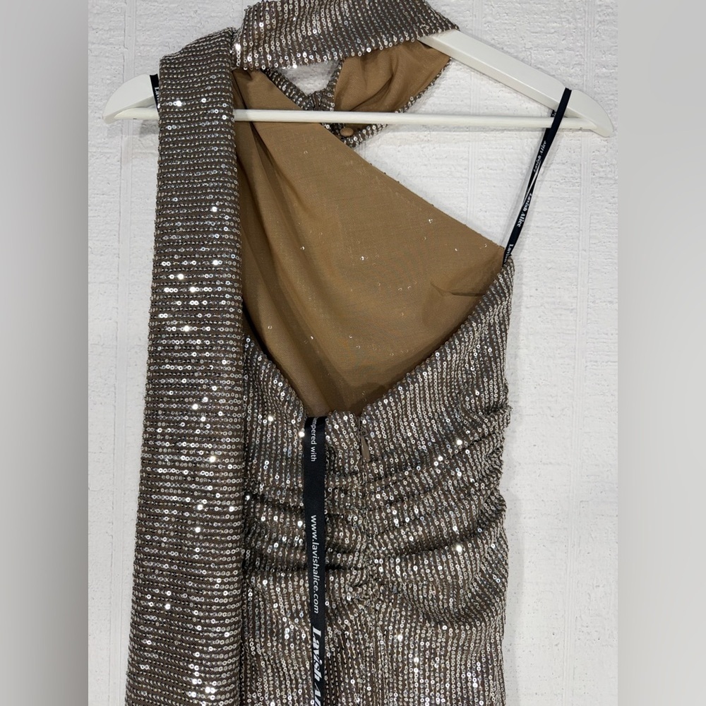 NWT Lavish Alice ALANNI Stretch Sequin Scarf evening gown Silver brown size 2 - Picture 7 of 16